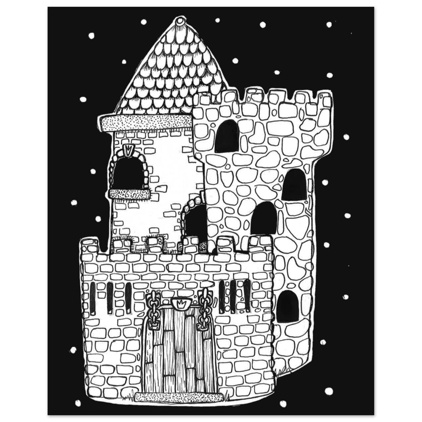 stone castle drawing on black night background with stars