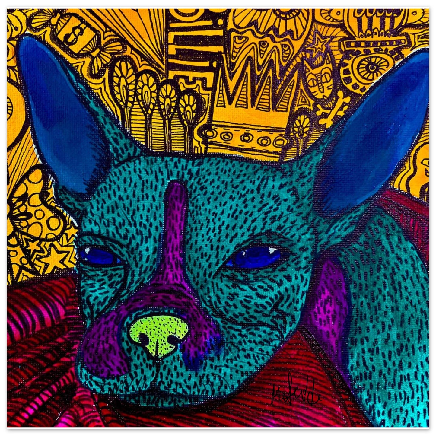 Abstract dog art poster titled 'Billie' by Mathilde Laurendeau, featuring a blue-green dog with purple and green accents against a detailed, patterned yellow background.