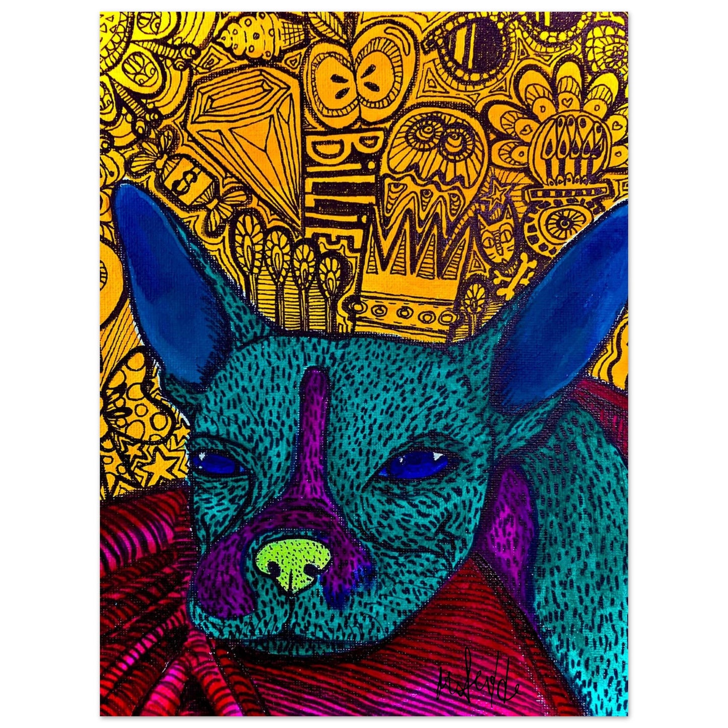 Abstract dog art poster titled 'Billie' by Mathilde Laurendeau, featuring a blue-green dog with purple and green accents against a detailed, patterned yellow background.