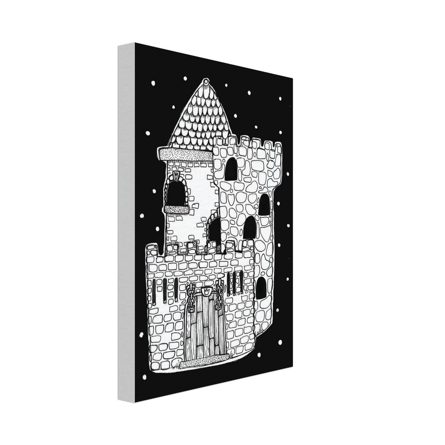 stone castle drawing on black night background with stars