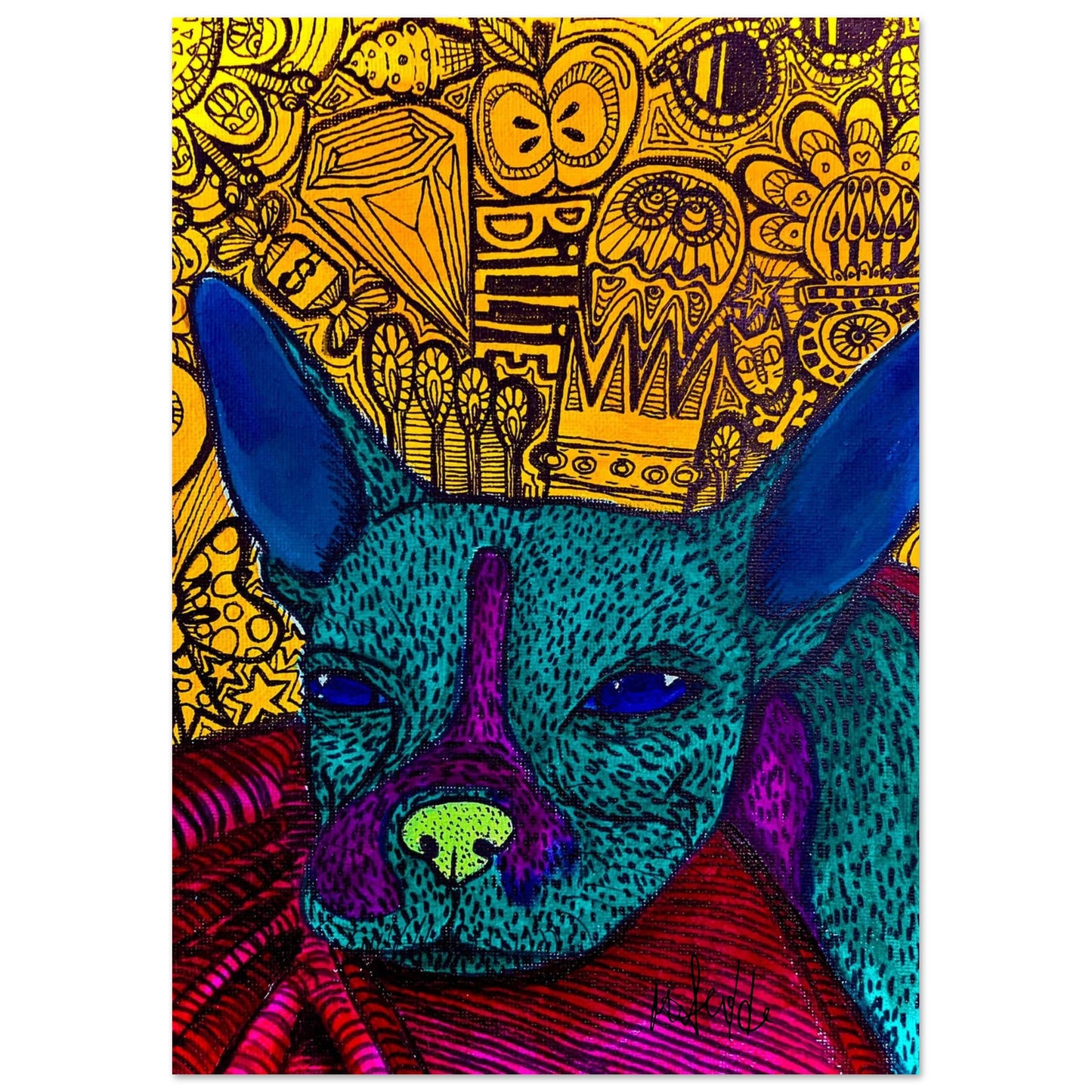 Abstract dog art poster titled 'Billie' by Mathilde Laurendeau, featuring a blue-green dog with purple and green accents against a detailed, patterned yellow background.