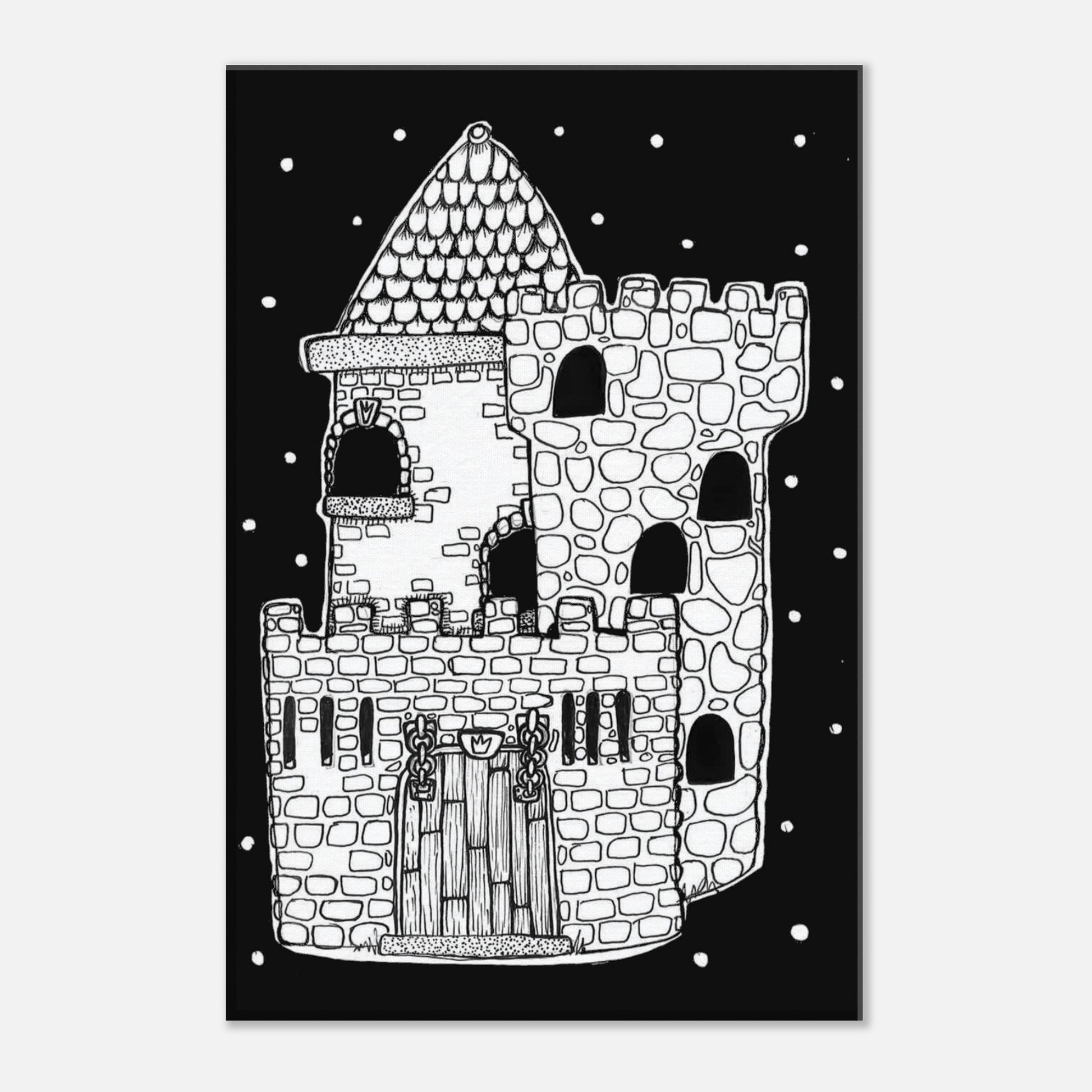 stone castle drawing on black night background with stars