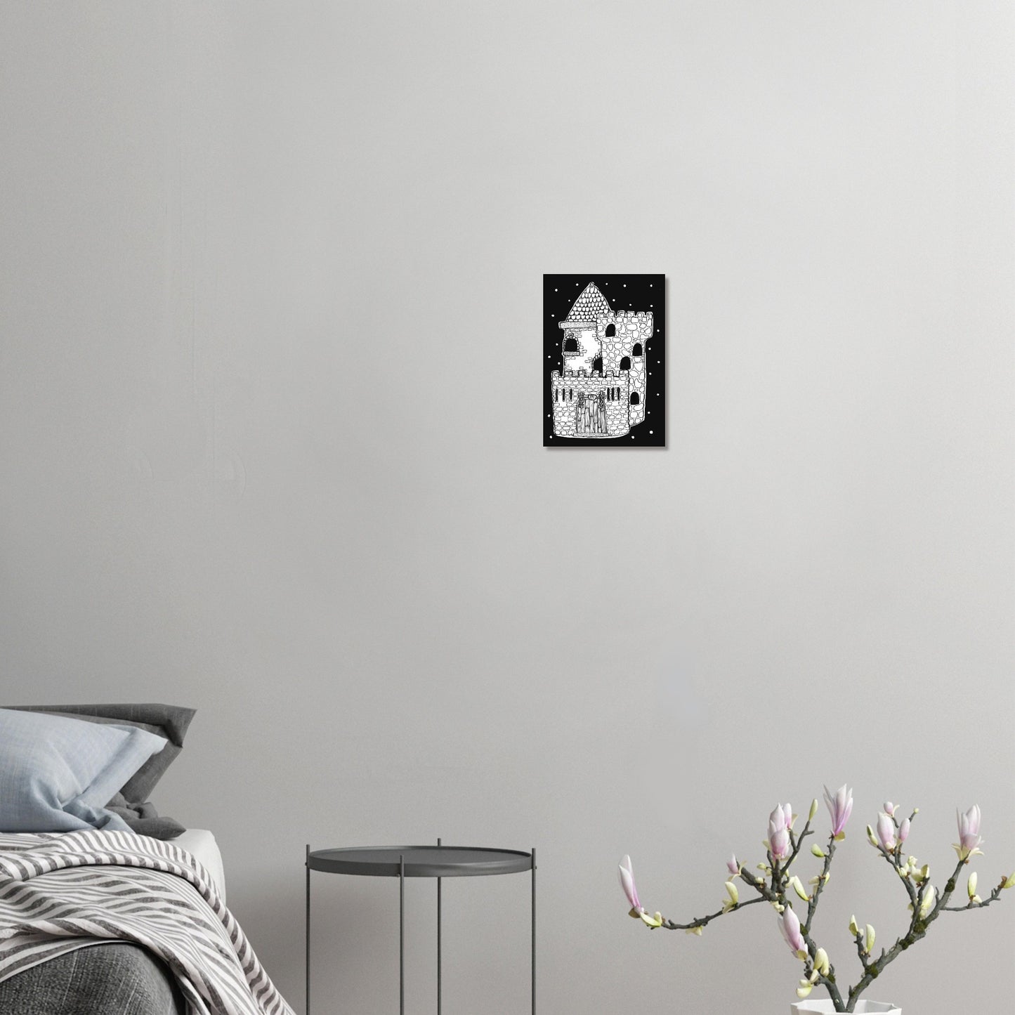 stone castle drawing on black night background with stars in a comforting grey bedroom with flowers.