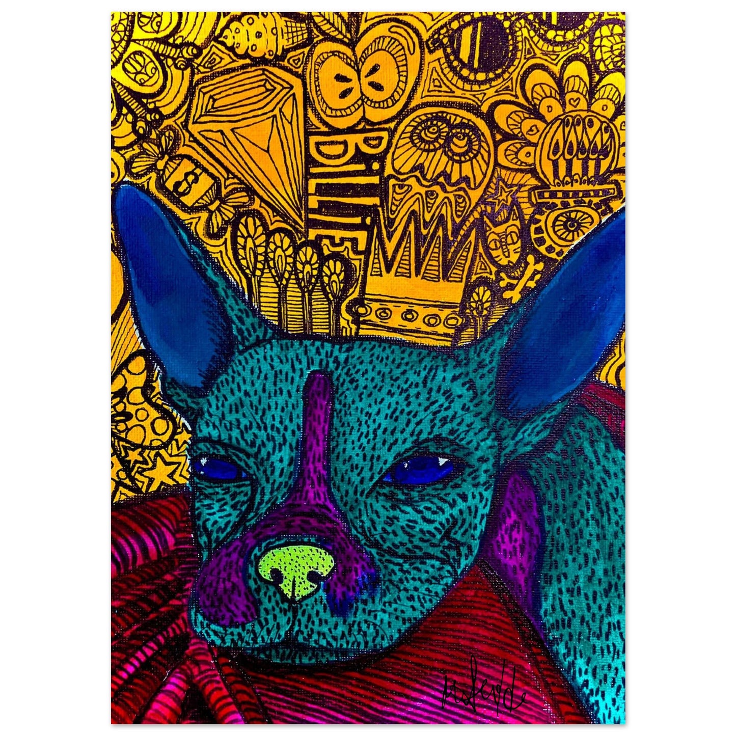 Abstract dog art poster titled 'Billie' by Mathilde Laurendeau, featuring a blue-green dog with purple and green accents against a detailed, patterned yellow background.