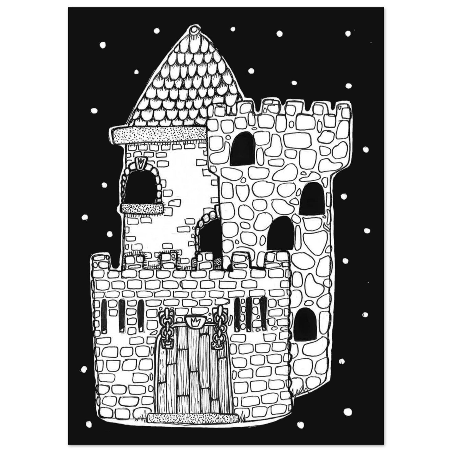 stone castle drawing on black night background with stars