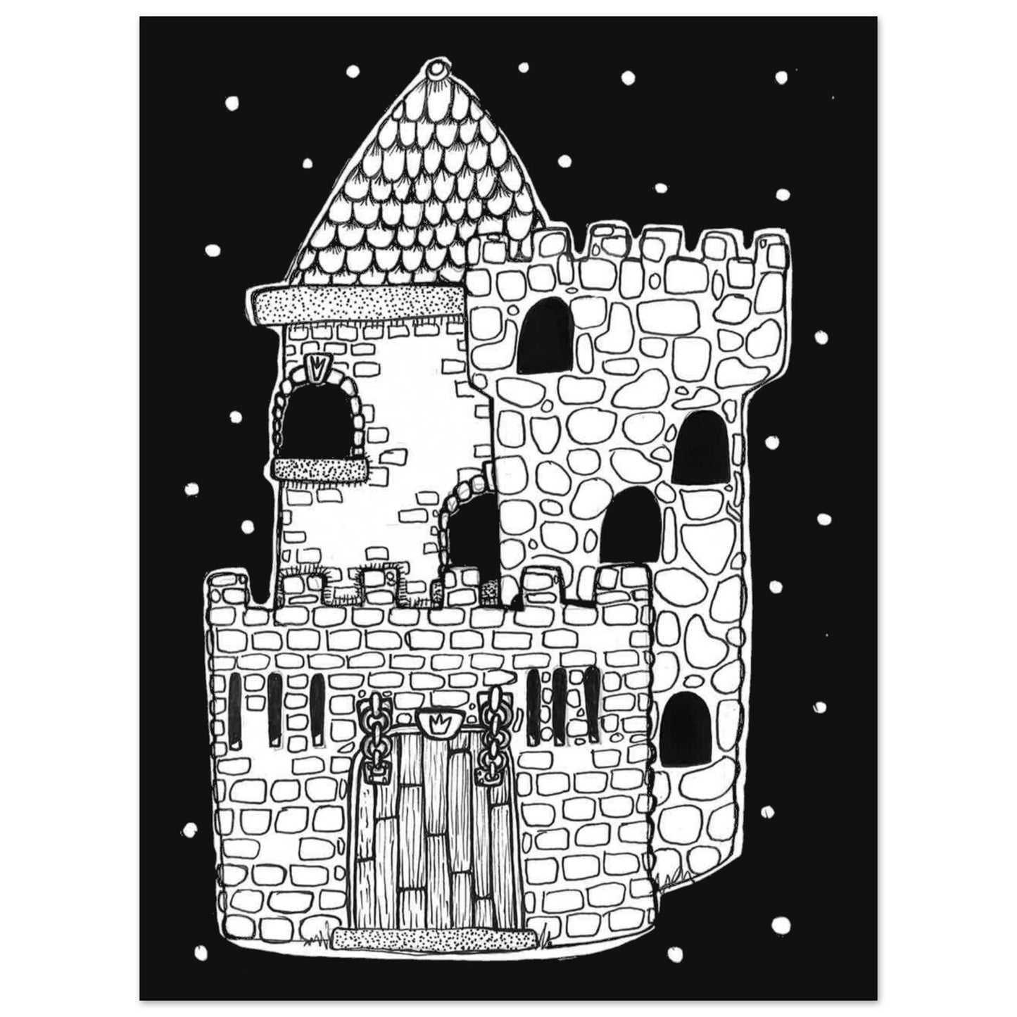 stone castle drawing on black night background with stars