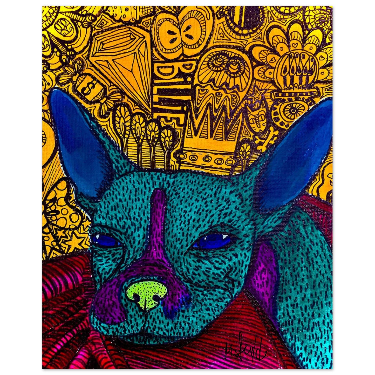 Abstract dog art poster titled 'Billie' by Mathilde Laurendeau, featuring a blue-green dog with purple and green accents against a detailed, patterned yellow background.