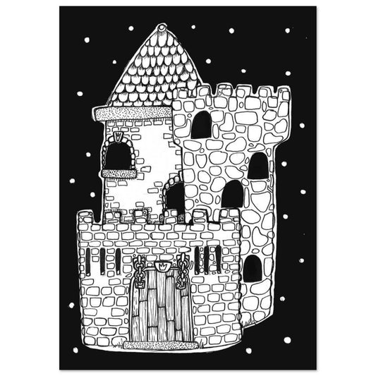 stone castle drawing on black night background with stars