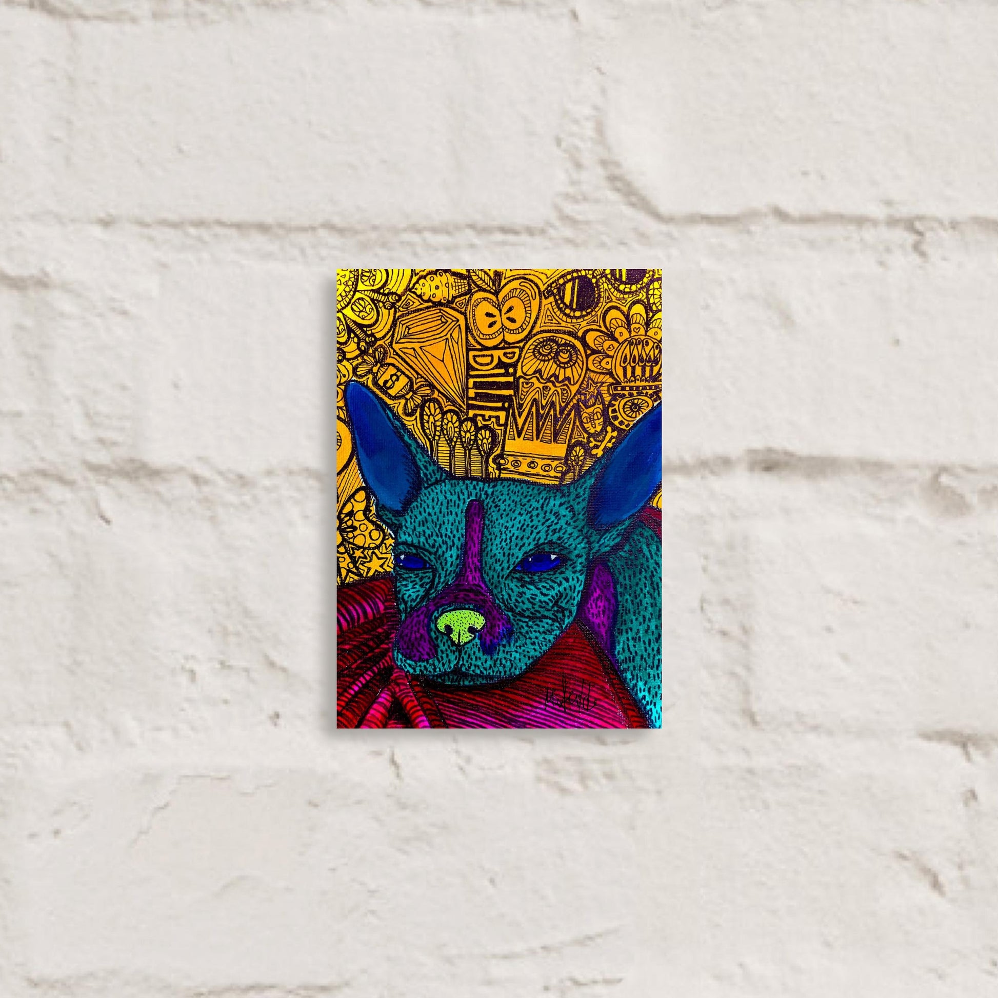 Abstract dog art poster titled 'Billie' by Mathilde Laurendeau, featuring a blue-green dog with purple and green accents against a detailed, patterned yellow background.